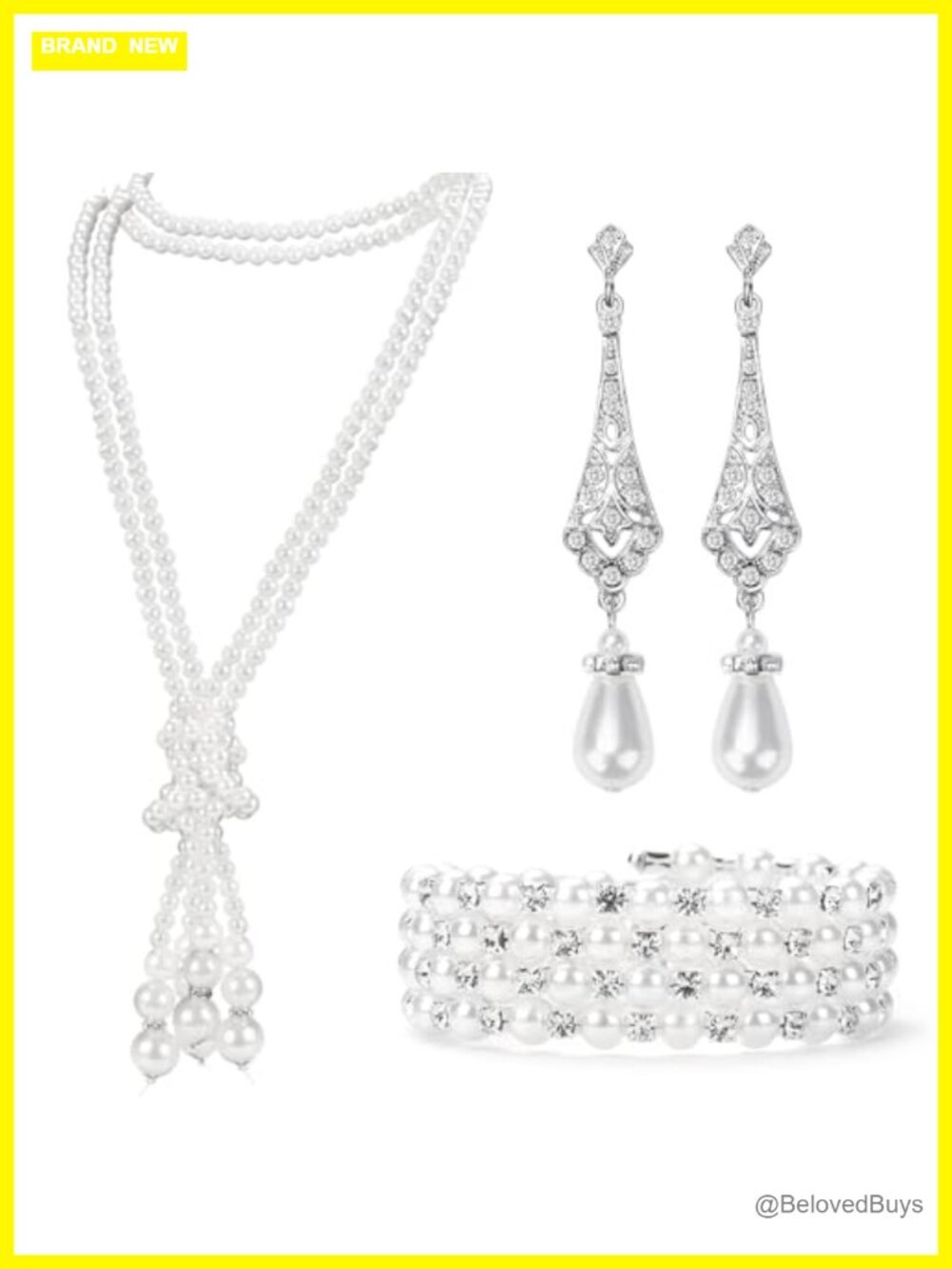Long Pearl Necklace Earring Bracelet Set Flapper Gatsby Jewelry